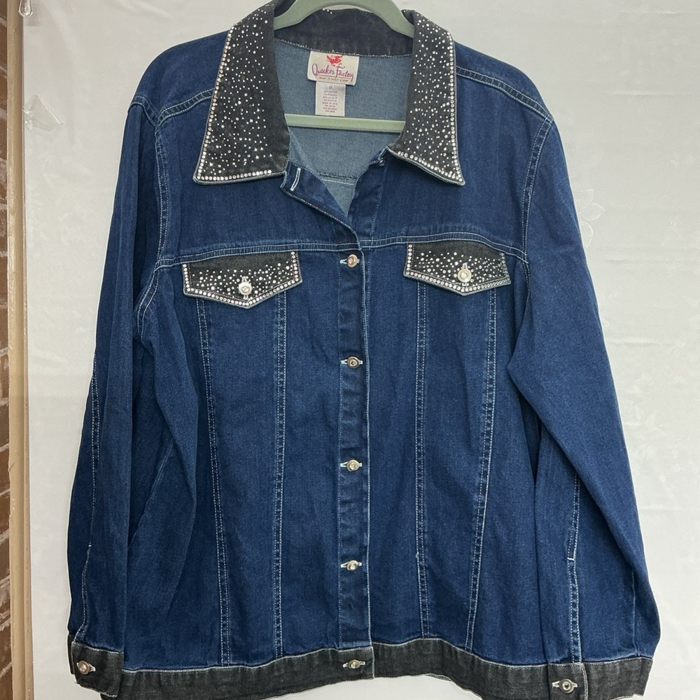 Quacker Factory Dark Blue Denim Jacket with Studded Black Collar